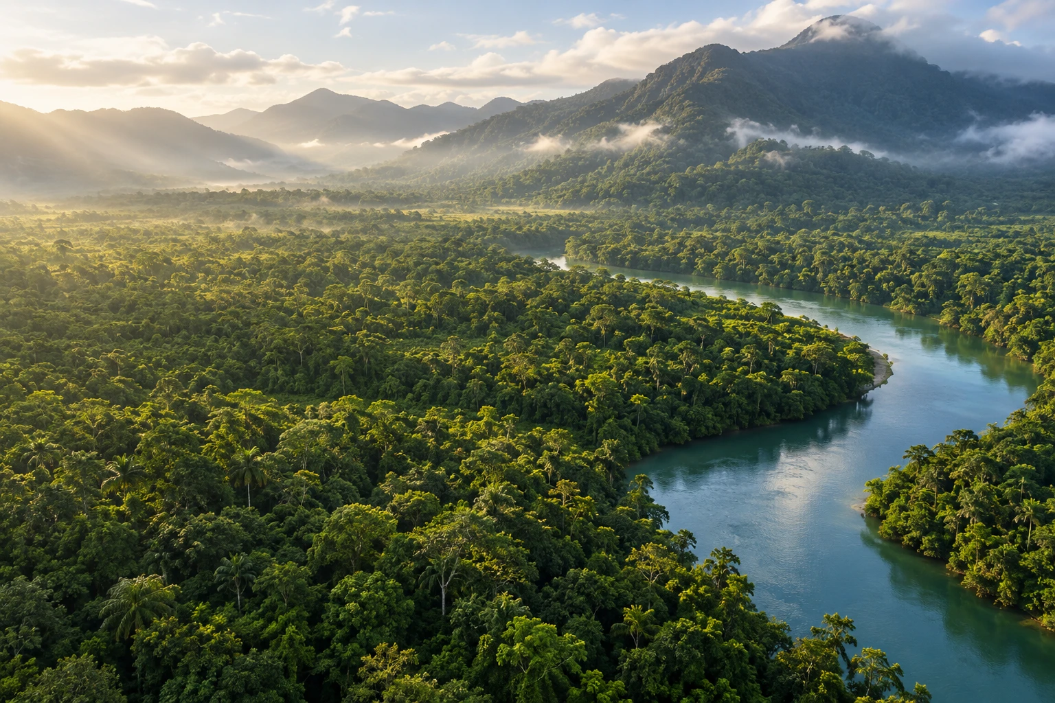 Daintree rainforest, winding river and mountain range in early morning light