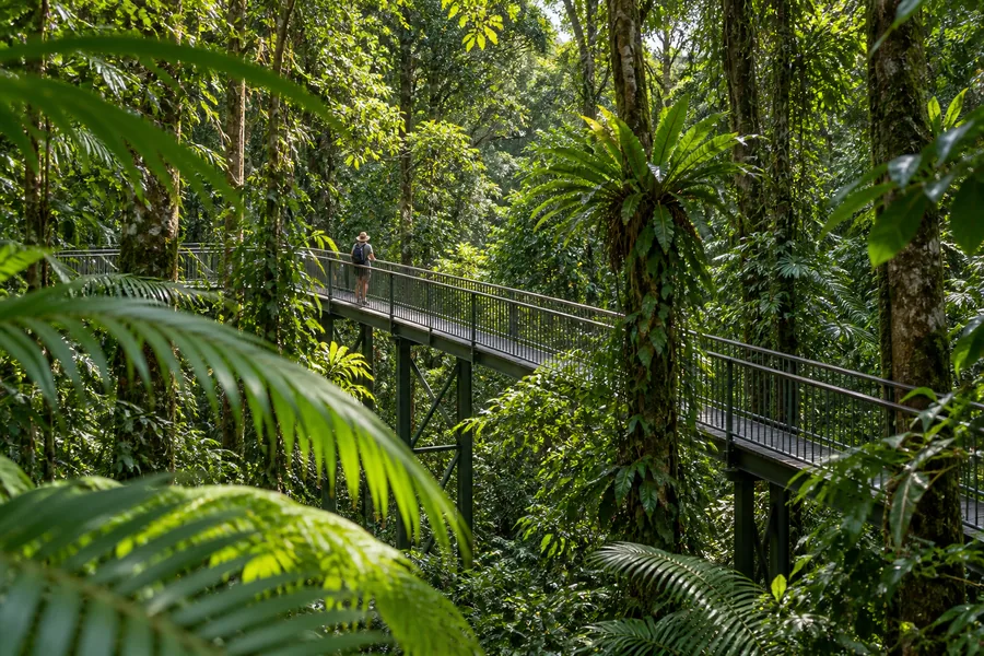 Elevated boardwalk beneath the Daintree rainforest canopy
