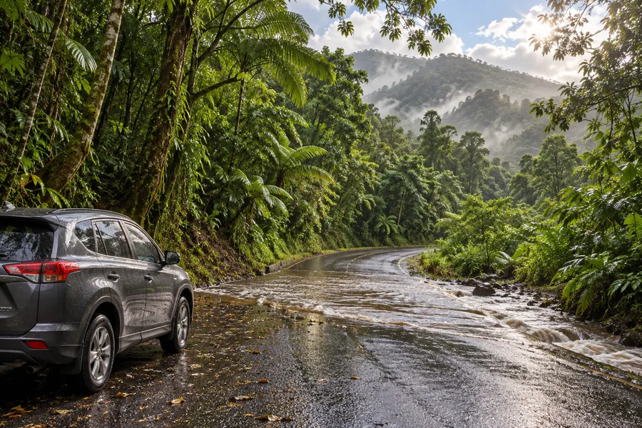 Vehicle stopped before rainwater crossing a Daintree rainforest road