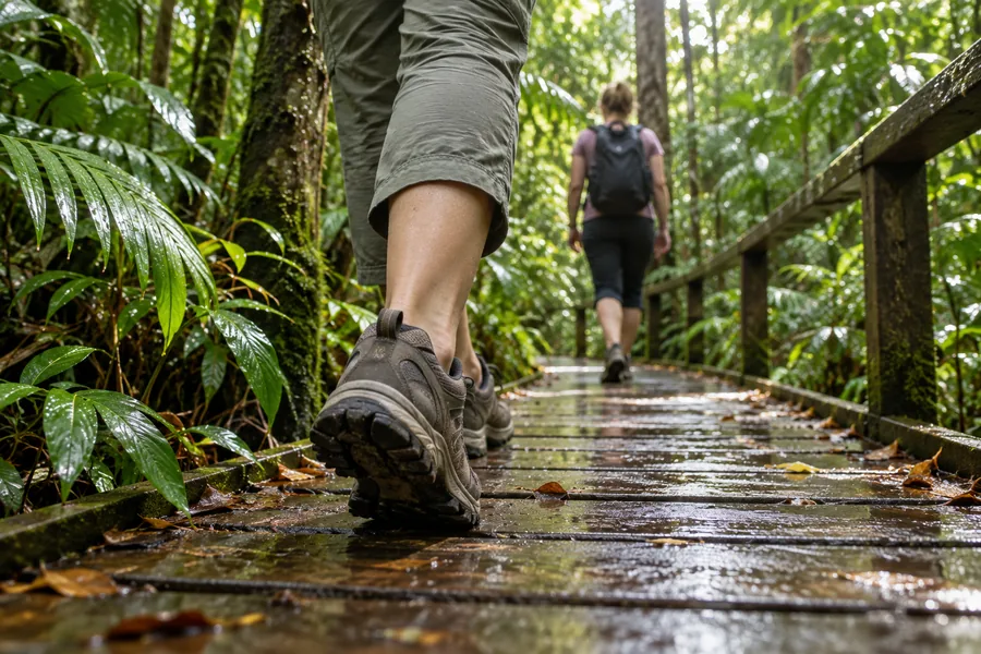 Suitable walking shoes on a rainforest boardwalk