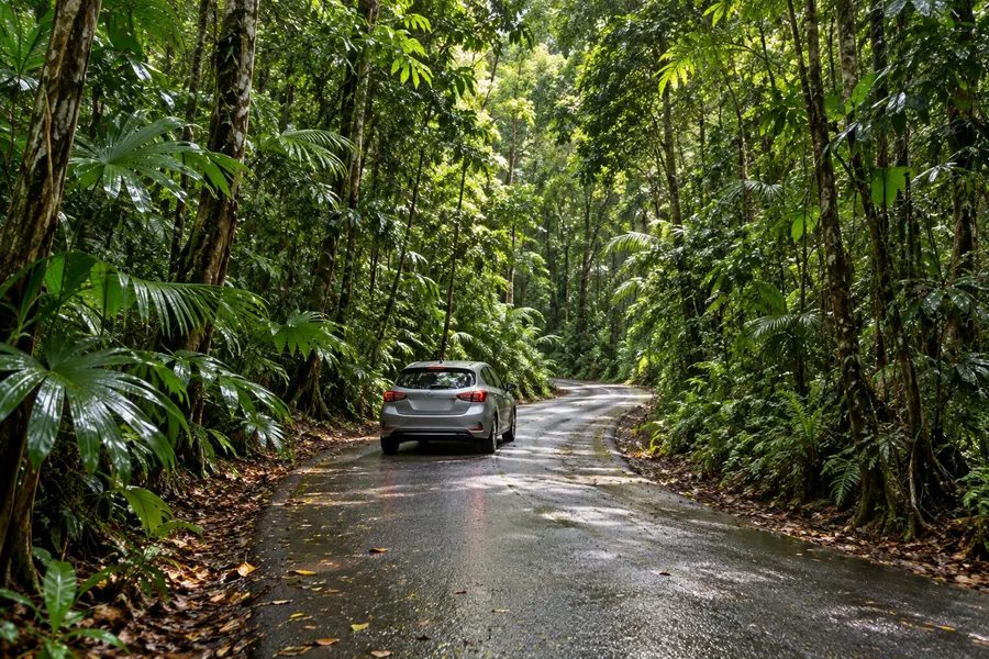Car on a sealed road through the Daintree region